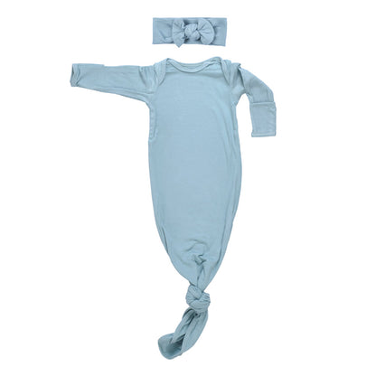 Three Little Tots Blue Bird Ribbed Knotted Newborn Baby Gown