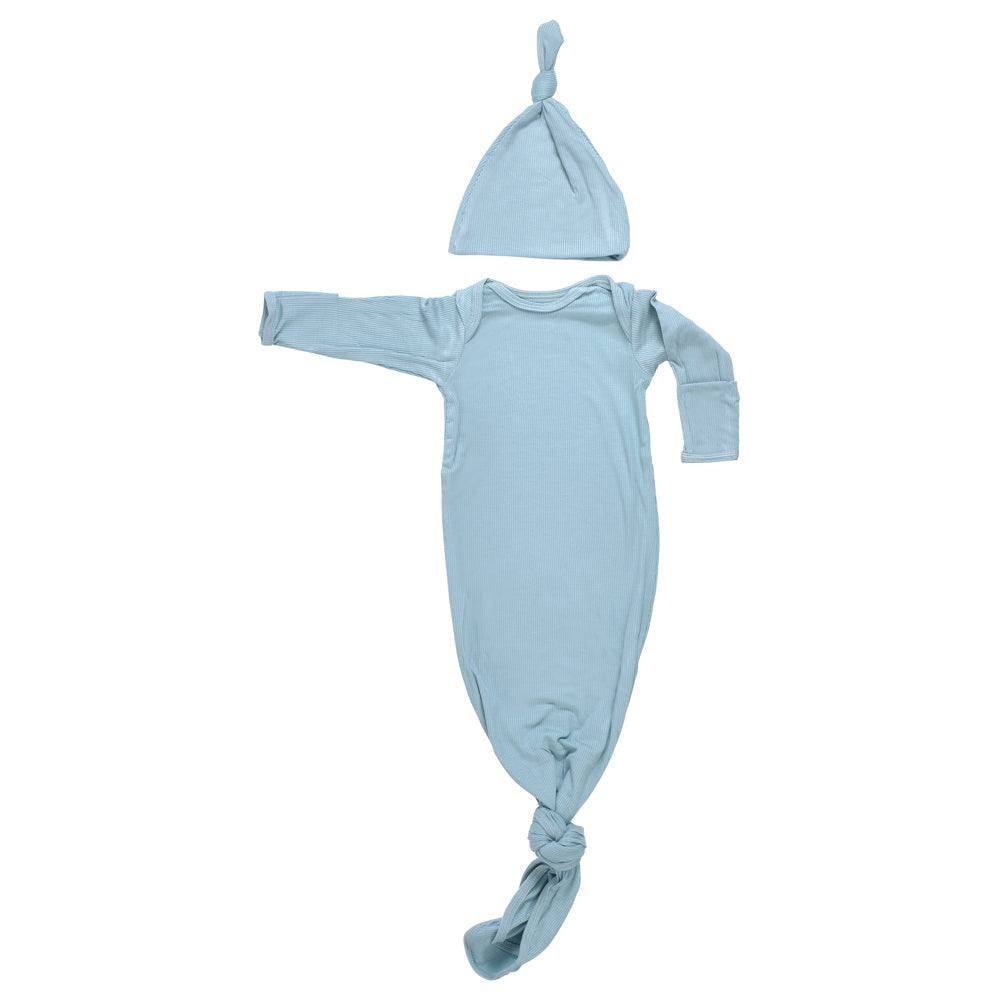 Three Little Tots Blue Bird Ribbed Knotted Newborn Baby Gown
