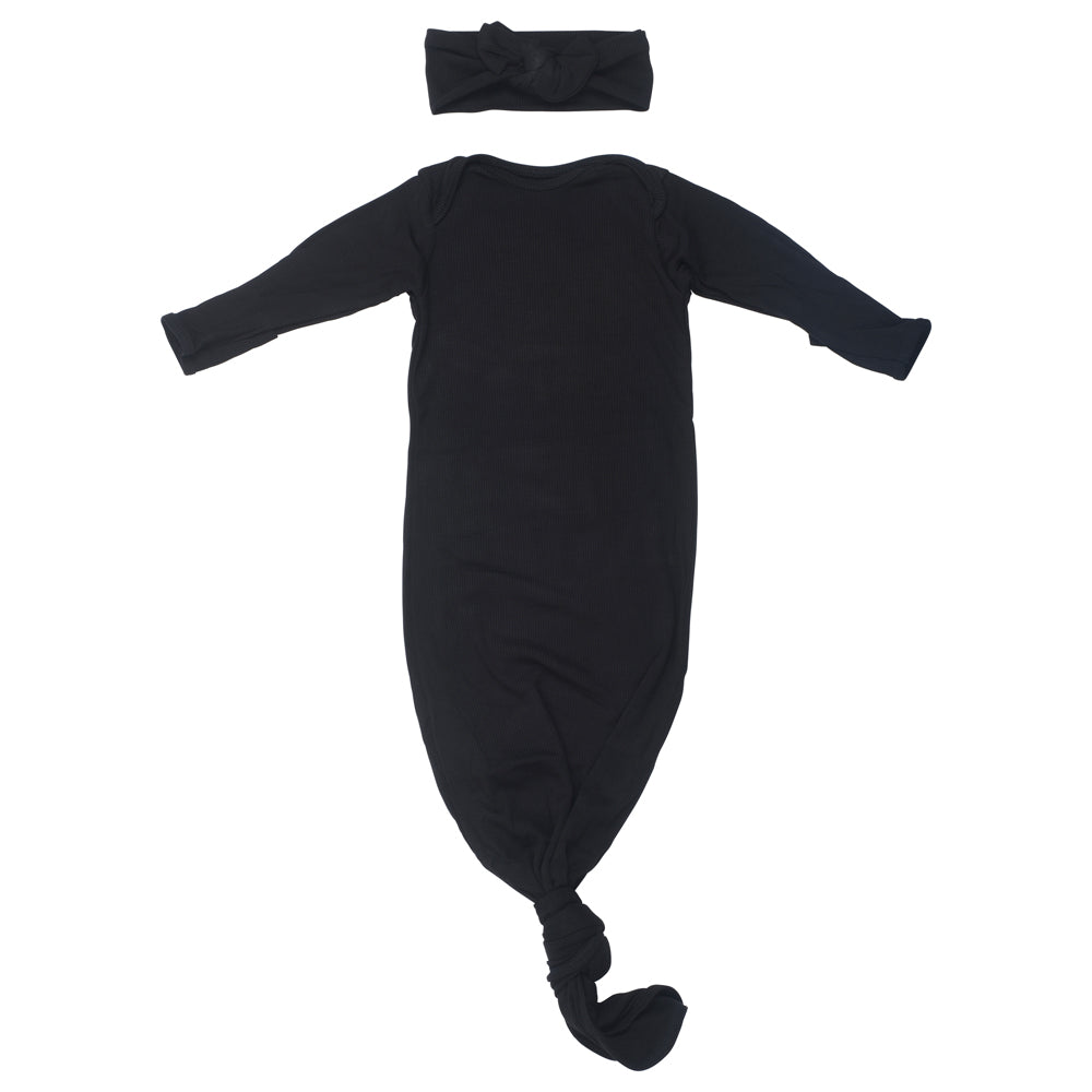 Three Little Tots Black Ribbed Knotted Baby Gown
