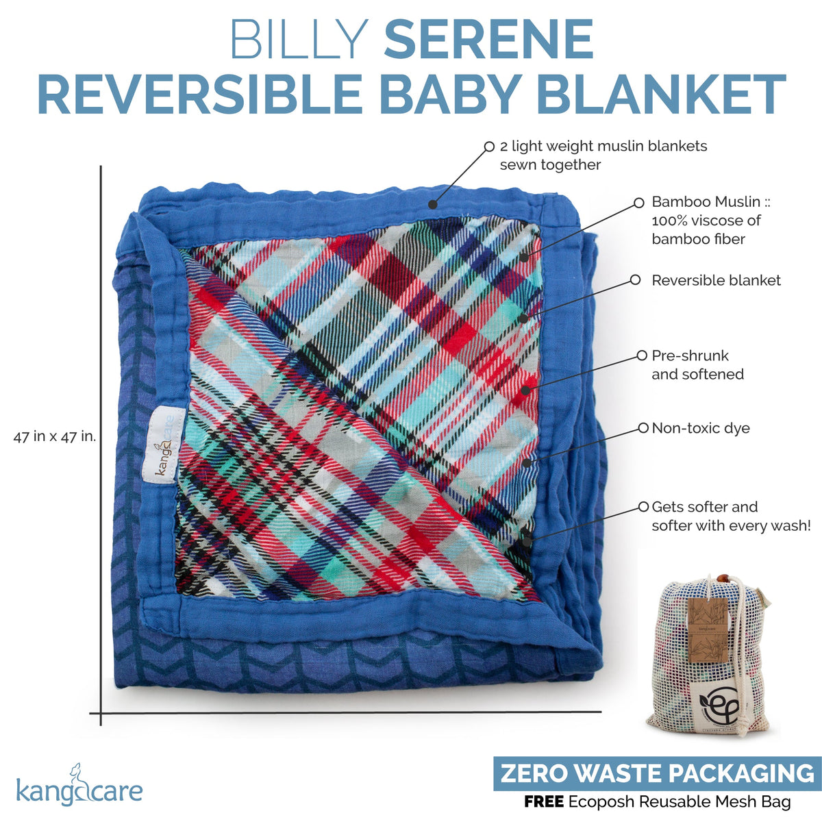 Kanga Care Bamboo Muslin Blanket - Baby: Billy (Reversible)