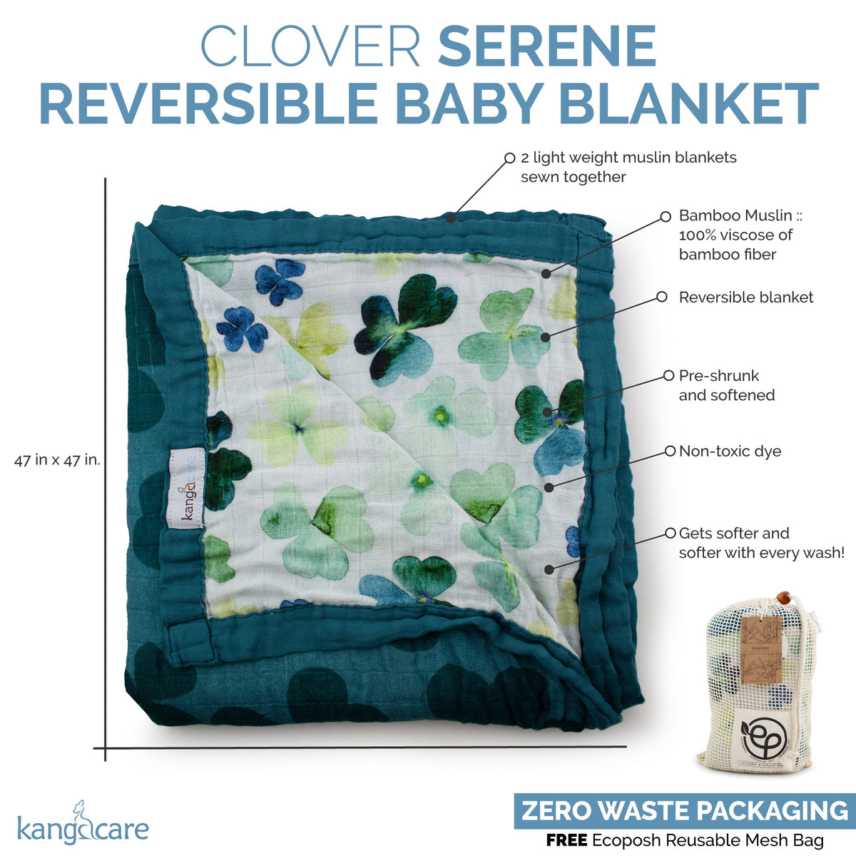 Kanga Care Bamboo Muslin Blanket - Baby: Clover (Reversible)