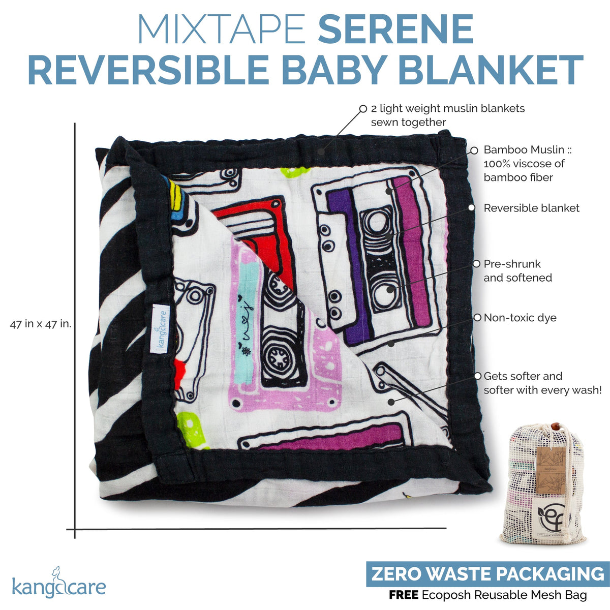 Kanga Care Bamboo Muslin Blanket - Baby: Mixtape (Reversible)