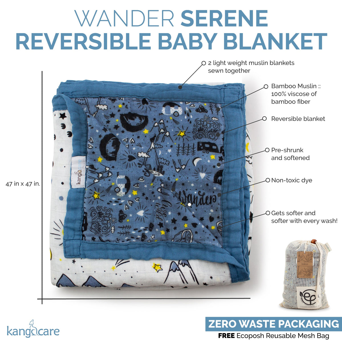 Kanga Care Bamboo Muslin Blanket - Baby: Wander (Reversible)