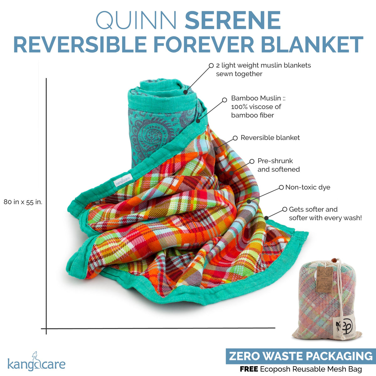 Kanga Care Bamboo Muslin Blanket - Forever: Quinn (Reversible)