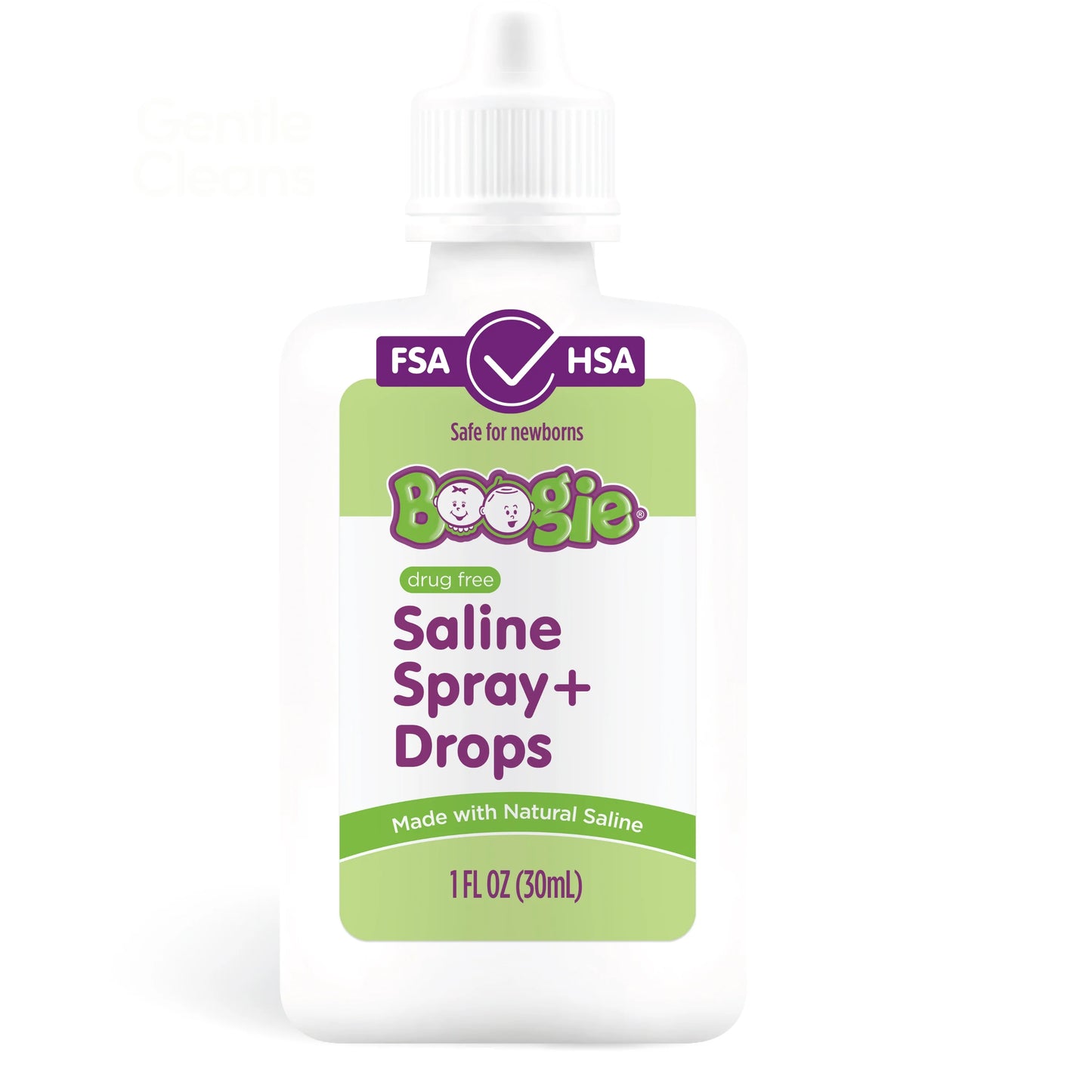 Bottle of Boogie Saline Spray and Drops on a white background