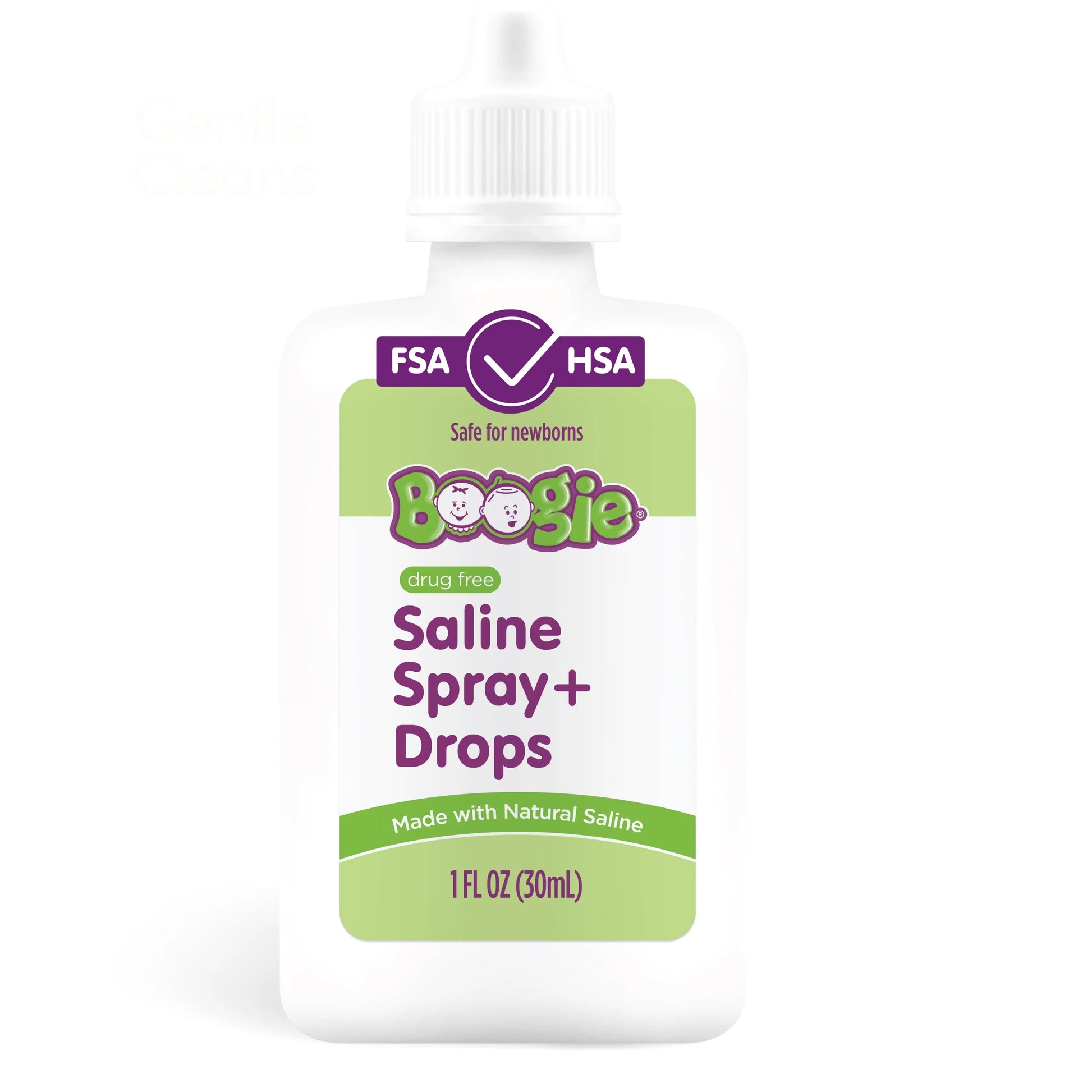 Bottle of Boogie Saline Spray and Drops on a white background