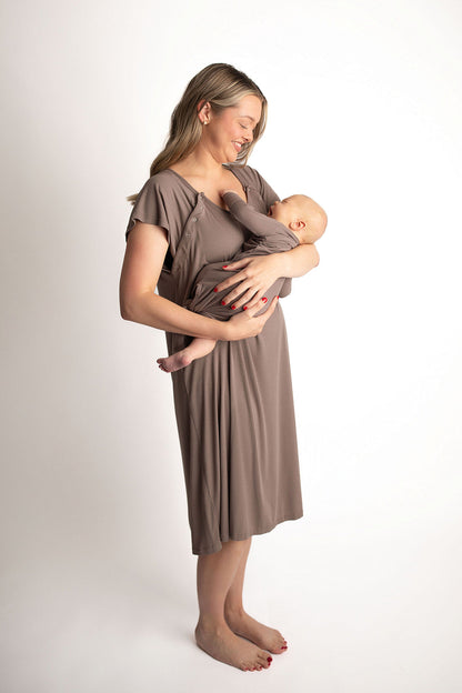Three Little Tots Cocoa Brown Ribbed Knotted Newborn Baby Gown