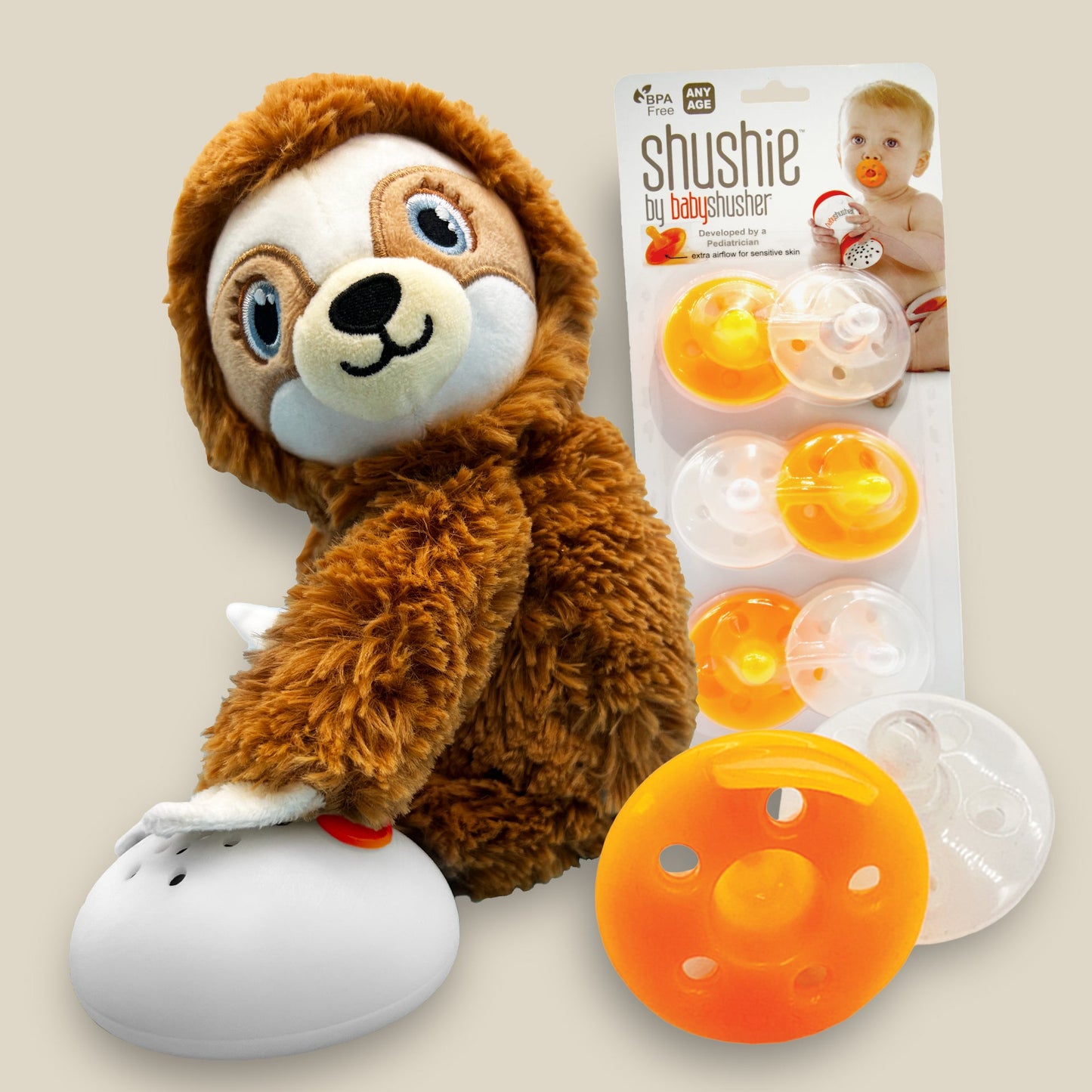 Shusher Sloth + 6-Pack Shushie Pacifiers Bundle