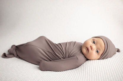 Three Little Tots Cocoa Brown Ribbed Knotted Newborn Baby Gown