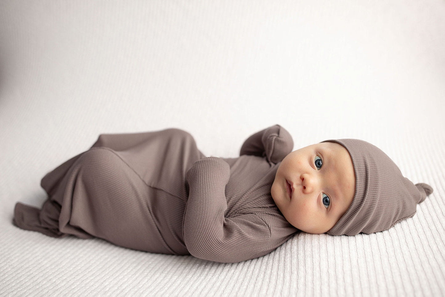 Three Little Tots Cocoa Brown Ribbed Knotted Newborn Baby Gown
