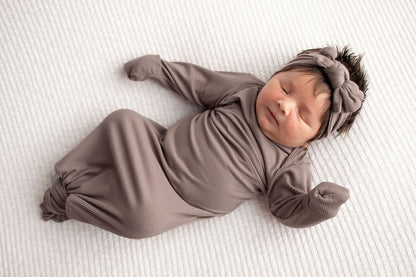 Three Little Tots Cocoa Brown Ribbed Knotted Newborn Baby Gown
