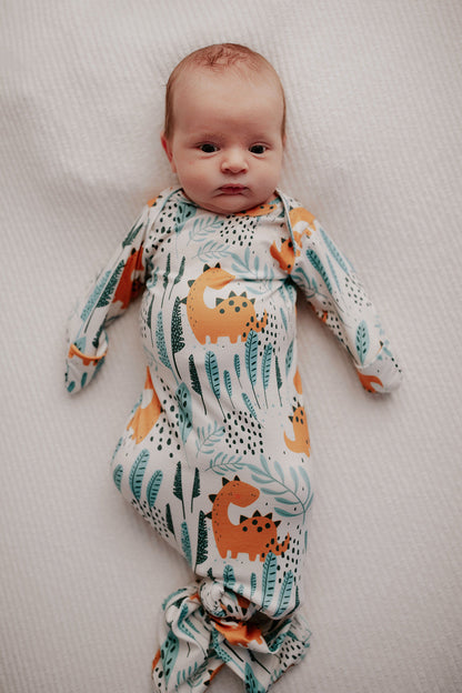 Three Little Tots Dinosaur Themed Newborn Knotted Gown