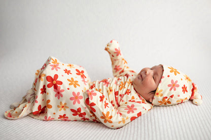 Three Little Tots 70s Groovy Flower Knotted Newborn Baby Gown