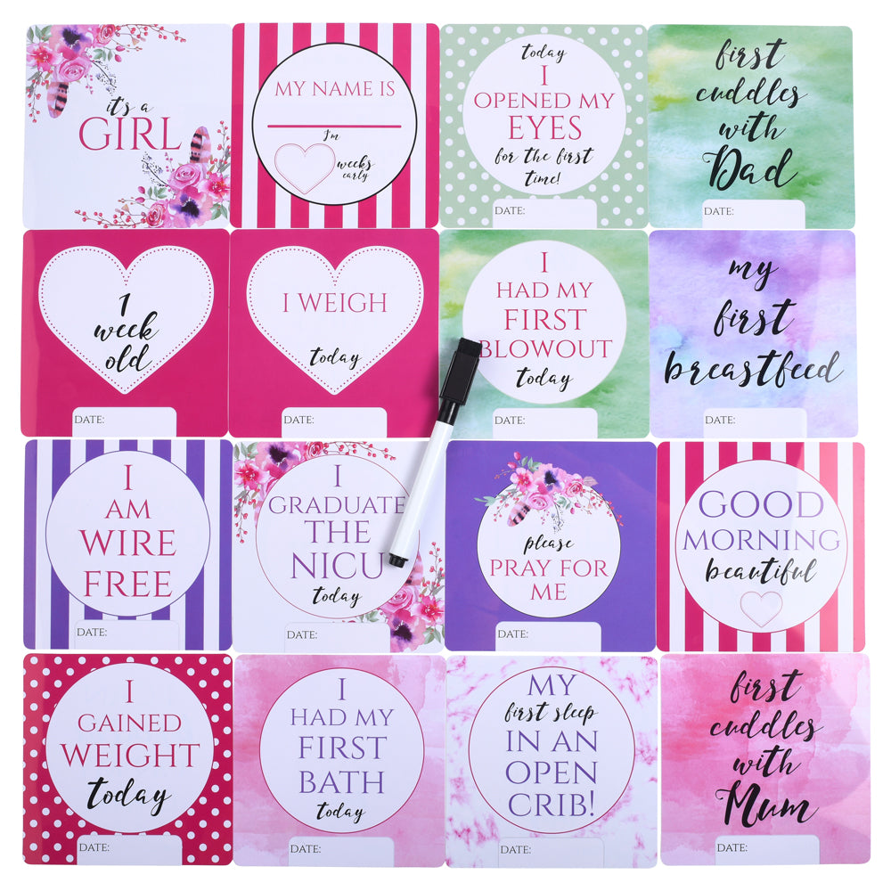 Three Little Tots Girl Plastic NICU Milestone Cards w/ Marker