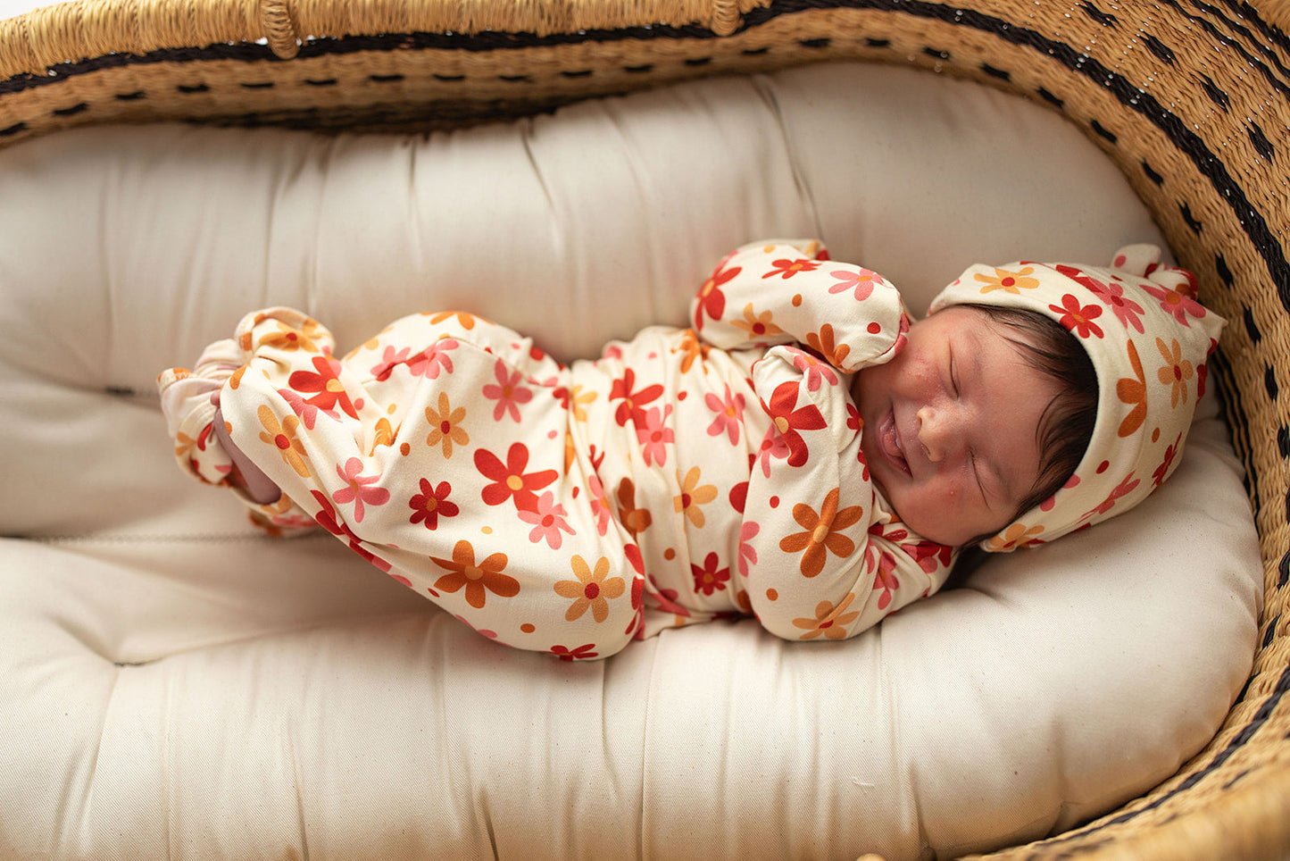 Three Little Tots 70s Groovy Flower Knotted Newborn Baby Gown