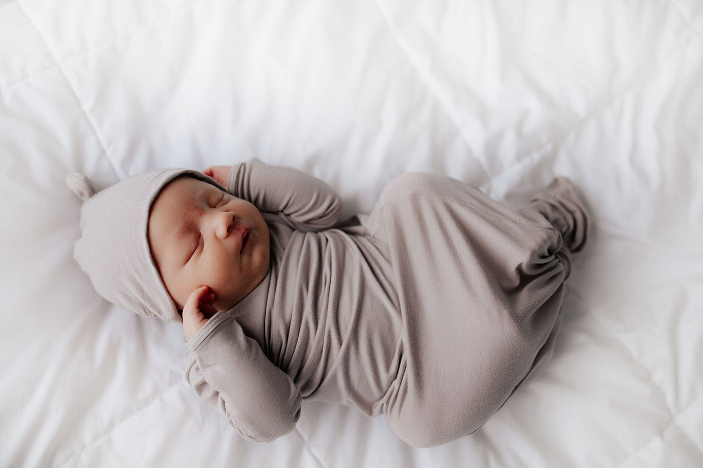 Three Little Tots Harbor Mist Neutral Knotted Newborn Baby Gown
