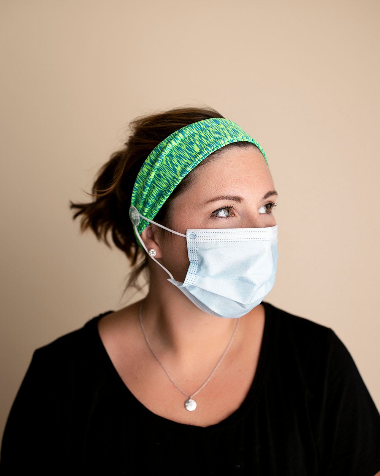 Three Little Tots Green & Blue Savior Headbands With Buttons For Masks