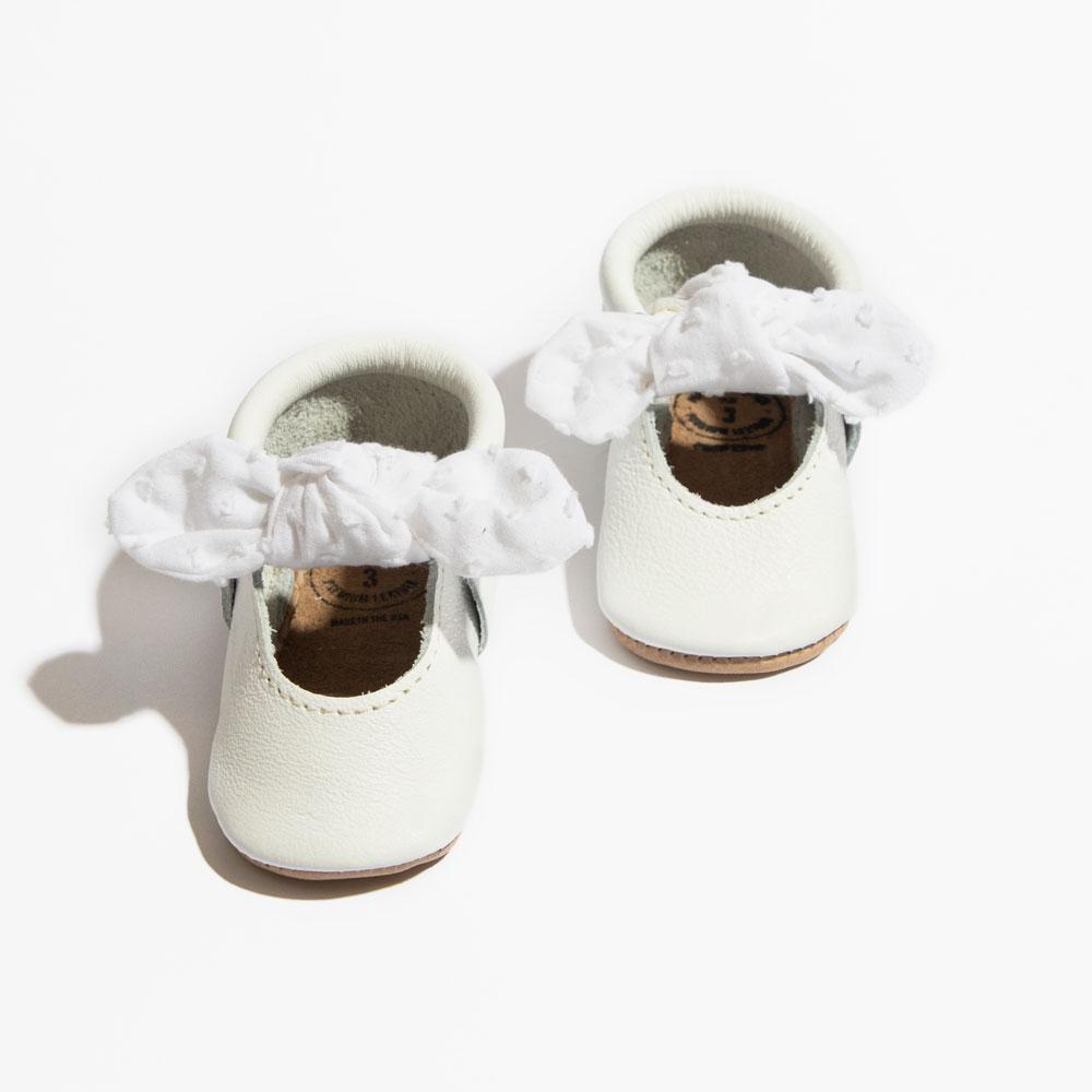 Freshly Picked Ivory Swiss Dot Knotted Bow Baby Shoe