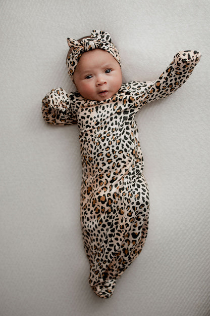Three Little Tots Leopard Knotted Newborn Baby Gown