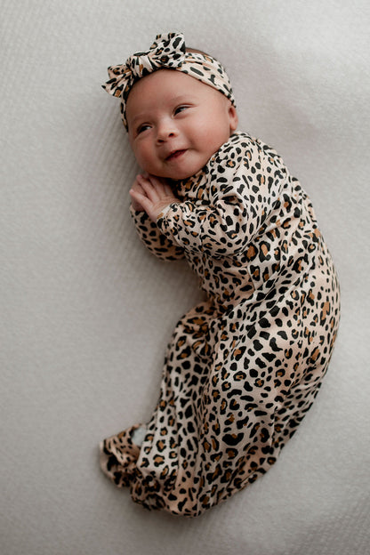Three Little Tots Leopard Knotted Newborn Baby Gown