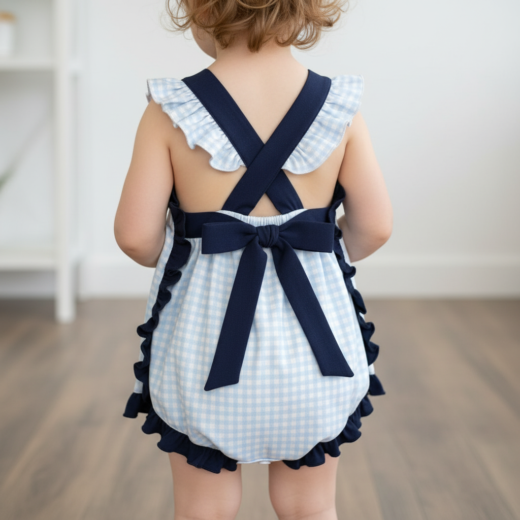 The Little Lemons Company Classic Navy Gingham Bow and Button Romper
