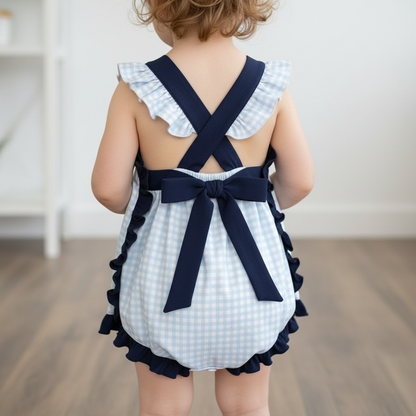 The Little Lemons Company Classic Navy Gingham Bow and Button Romper