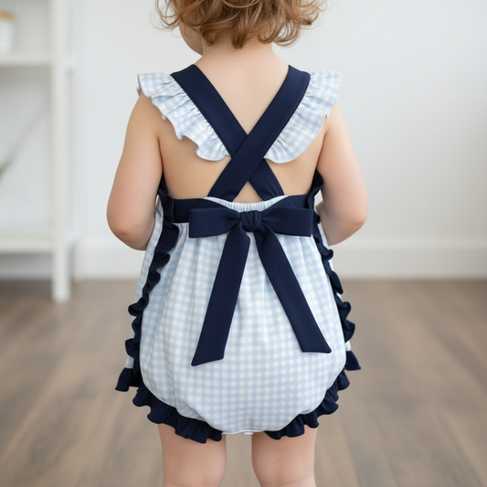 The Little Lemons Company Classic Navy Gingham Bow and Button Romper