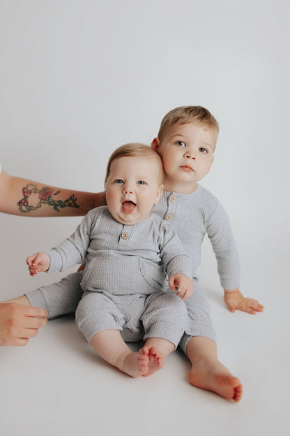 Three Little Tots Gray Baby Ribbed Playsuit with Pockets