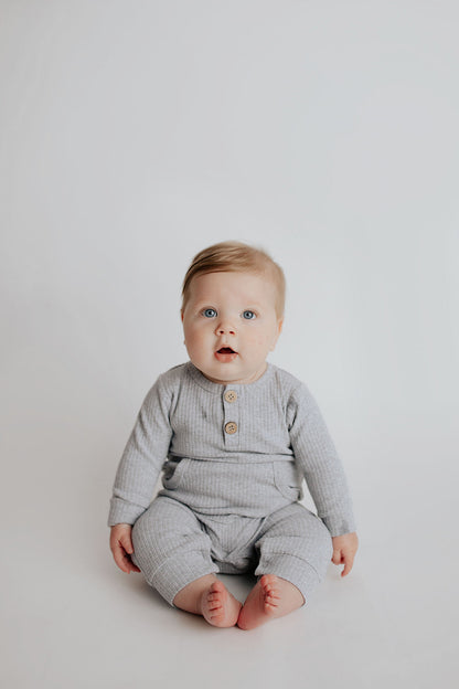 Three Little Tots Gray Baby Ribbed Playsuit with Pockets