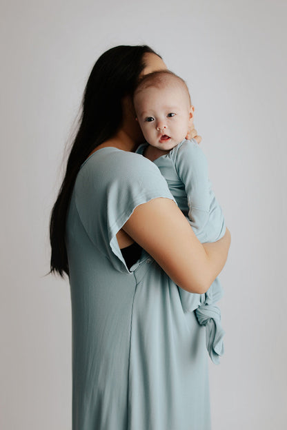 Three Little Tots Blue Bird Ribbed Knotted Newborn Baby Gown