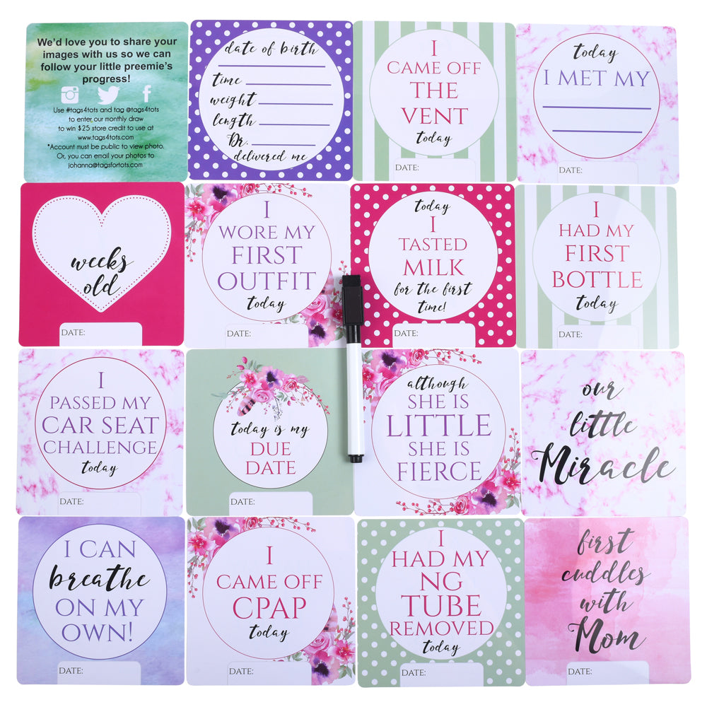 Three Little Tots Girl Plastic NICU Milestone Cards w/ Marker