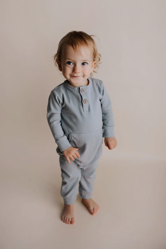 Three Little Tots Blissful Blue Baby Ribbed Playsuit with Pockets