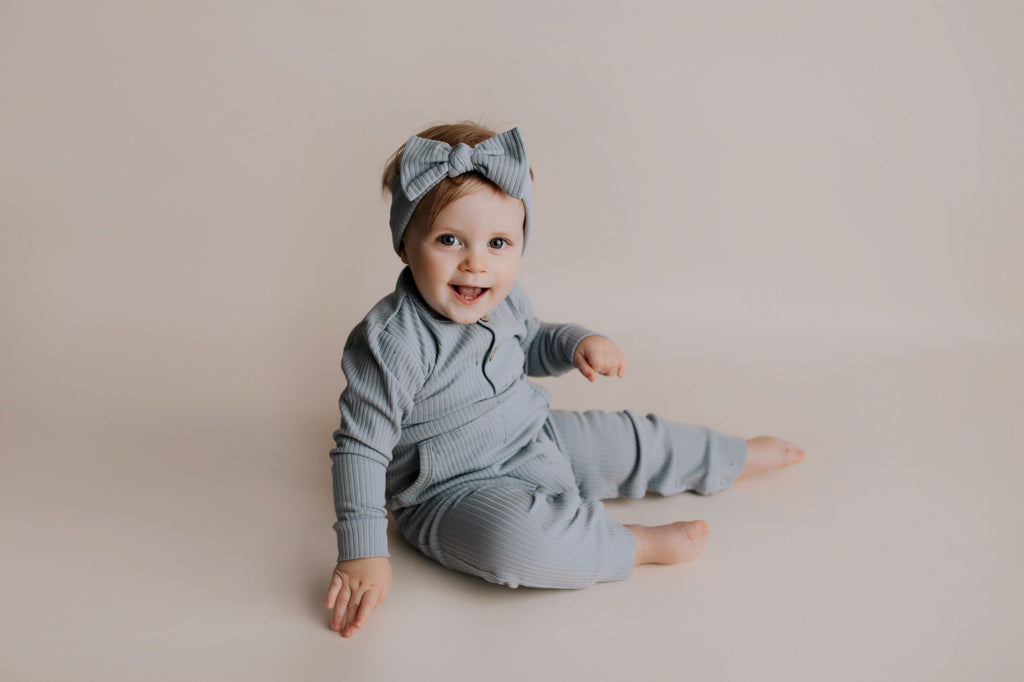 Three Little Tots Blissful Blue Baby Ribbed Playsuit with Pockets