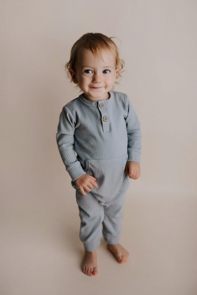 Three Little Tots Blissful Blue Baby Ribbed Playsuit with Pockets