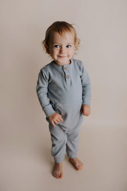 Three Little Tots Blissful Blue Baby Ribbed Playsuit with Pockets