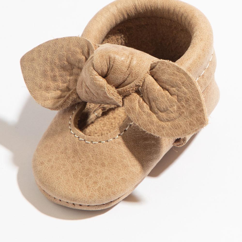 Freshly Picked Newborn Weathered Brown Knotted Bow Baby Shoe