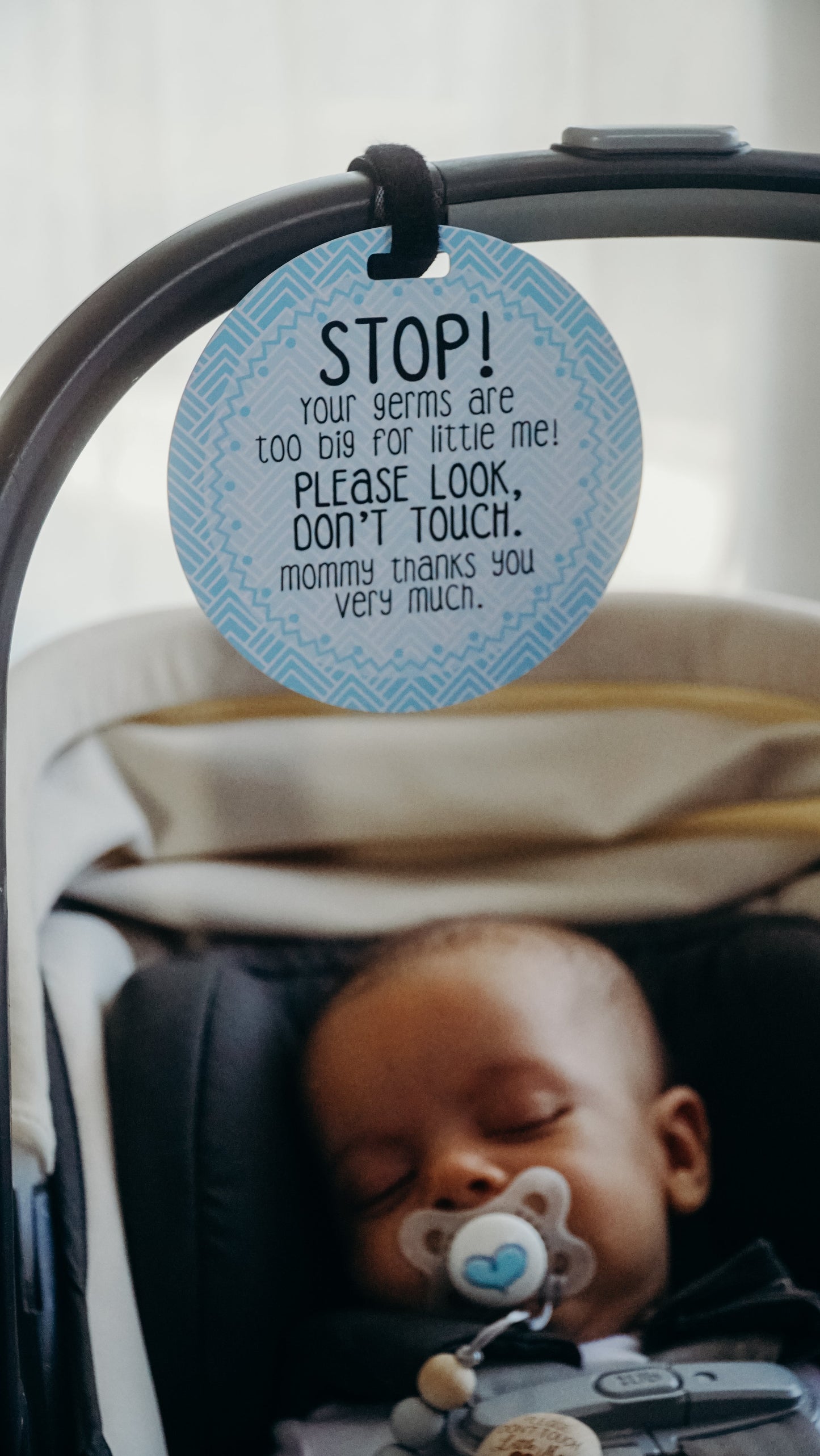 Three Little Tots Blue Stop No Touching Newborn Baby Car Seat Tag