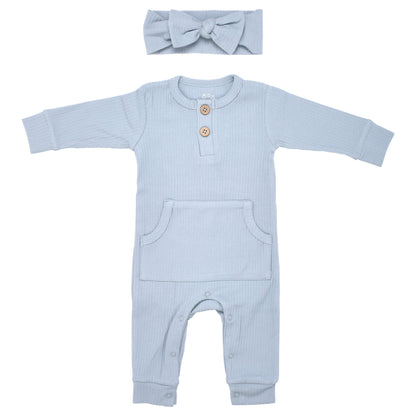 Three Little Tots Blissful Blue Baby Ribbed Playsuit with Pockets