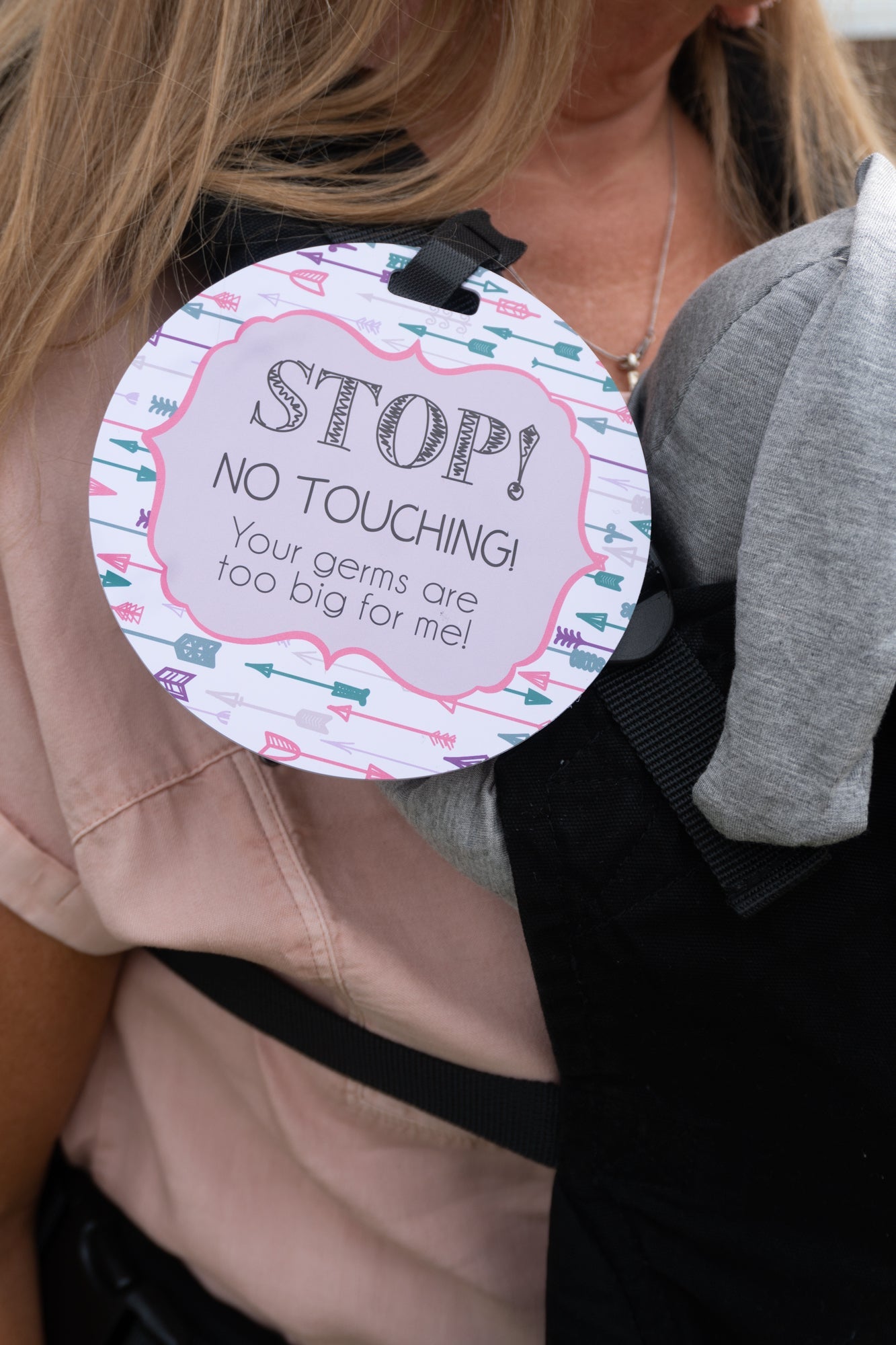 Three Little Tots Girl Arrows Stop No Touching Newborn Baby Car Seat Sign Tag