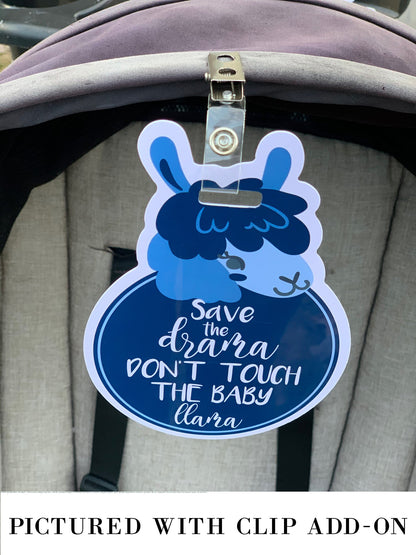 Three Little Tots Blue Llama No Touching Baby Car Seat Tag