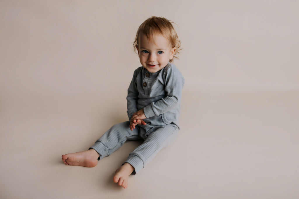 Three Little Tots Blissful Blue Baby Ribbed Playsuit with Pockets