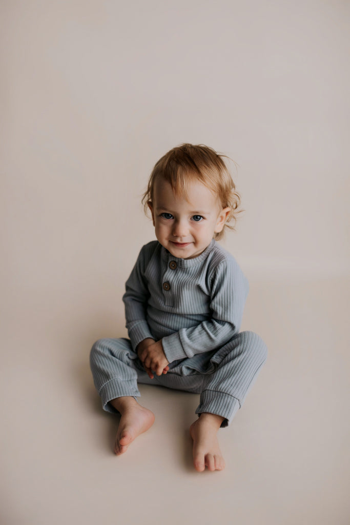 Three Little Tots Blissful Blue Baby Ribbed Playsuit with Pockets