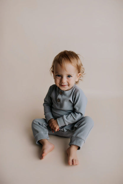 Three Little Tots Blissful Blue Baby Ribbed Playsuit with Pockets