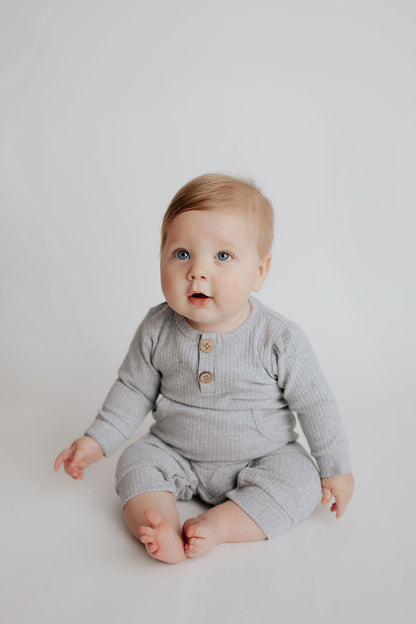 Three Little Tots Gray Baby Ribbed Playsuit with Pockets