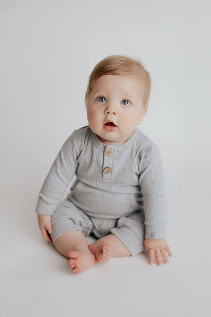 Three Little Tots Gray Baby Ribbed Playsuit with Pockets