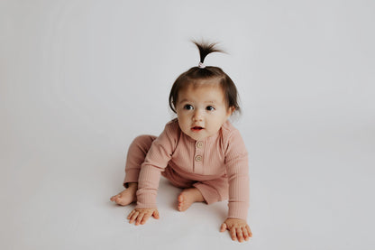 Three Little Tots Dusty Rose Pink Baby Ribbed Playsuit with Pockets