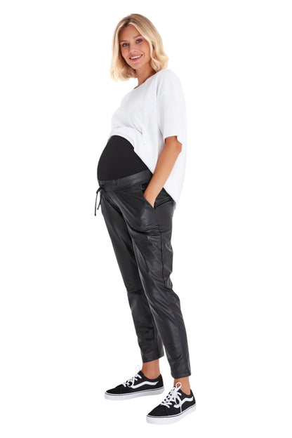 Accouchée Comfy Cool Foldover Waistband Faux Leather Maternity Jogger Pants