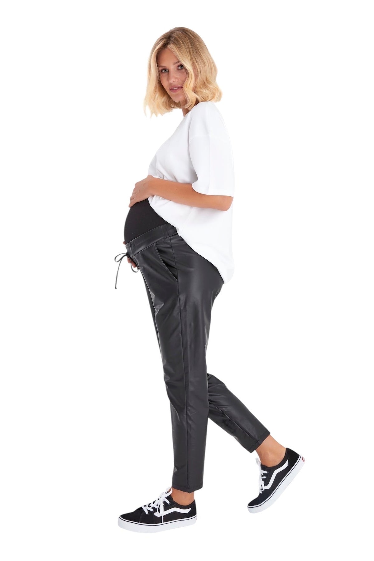 Accouchée Comfy Cool Foldover Waistband Faux Leather Maternity Jogger Pants
