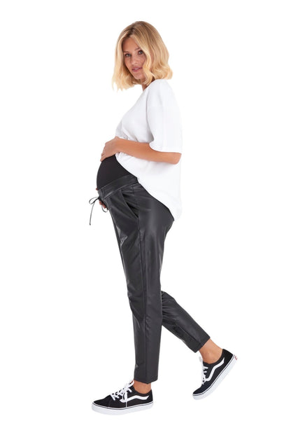 Accouchée Comfy Cool Foldover Waistband Faux Leather Maternity Jogger Pants