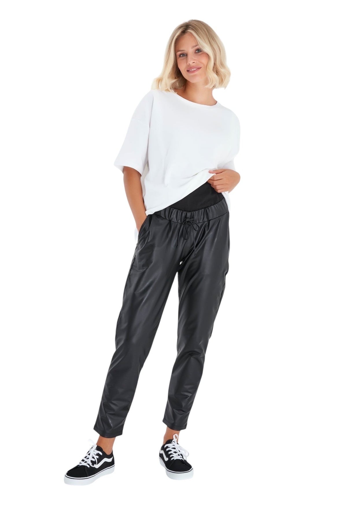 Accouchée Comfy Cool Foldover Waistband Faux Leather Maternity Jogger Pants